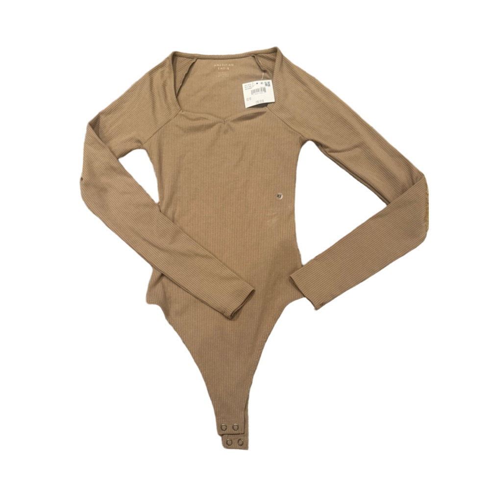 American Eagle Ribbed Long Sleeve Bodysuit XS Beige